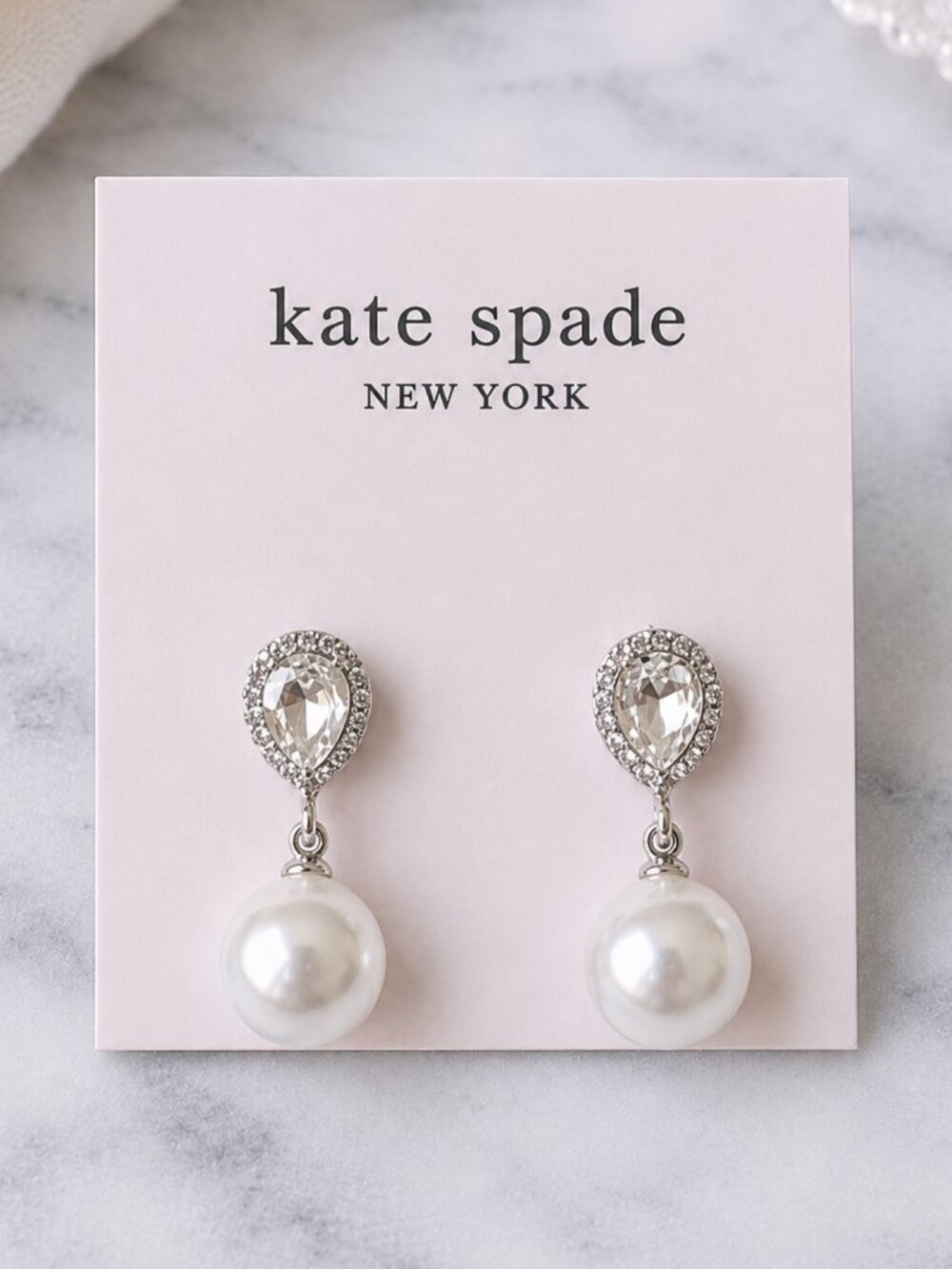 Kate Spade Pearl Crystal Drop Earrings Silver Teardrop Bridal Wedding Dangle